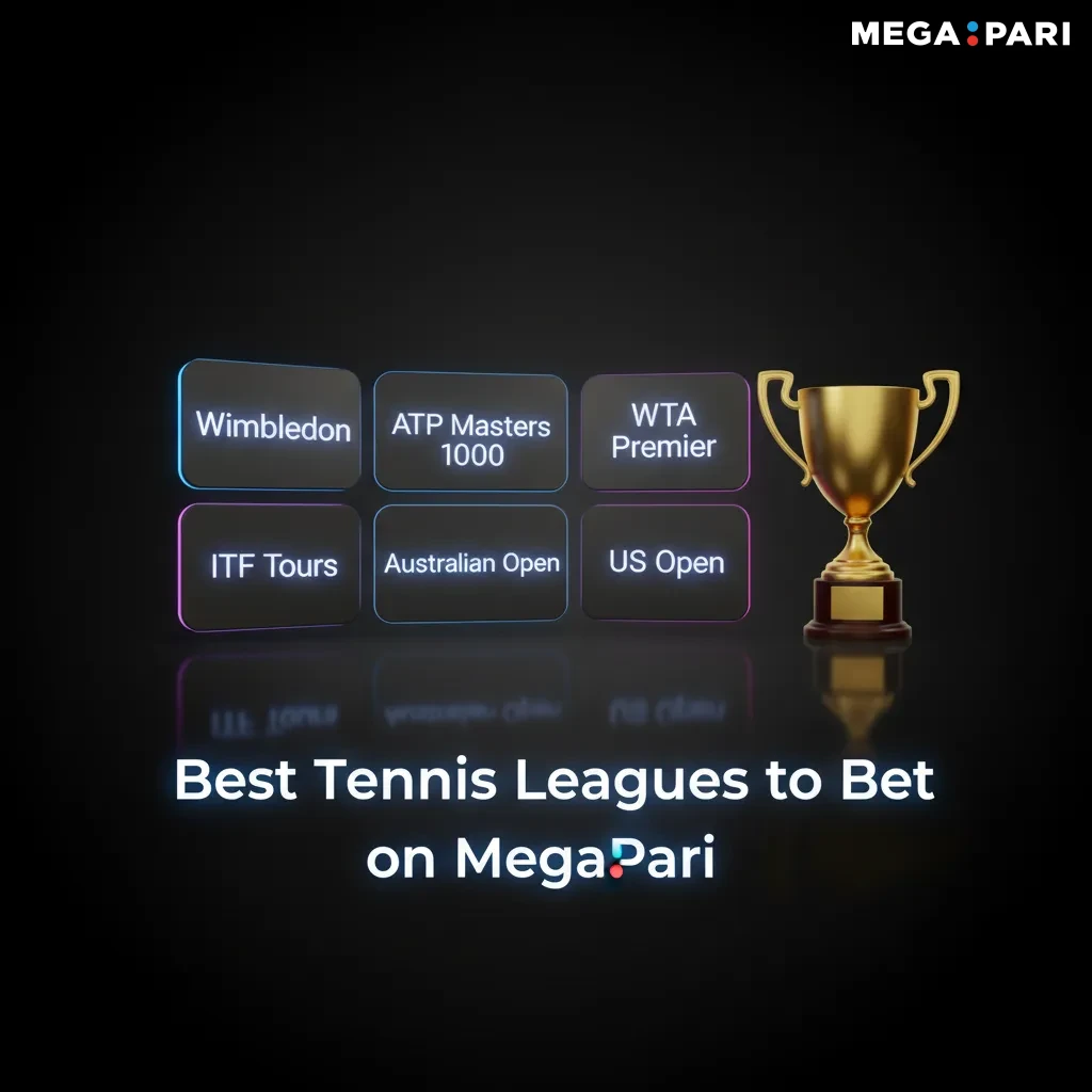 MegaPari tennis betting: Grand Slams, ATP/WTA tours, finals and cups, pre-match, live, outrights, filters by date/surface.