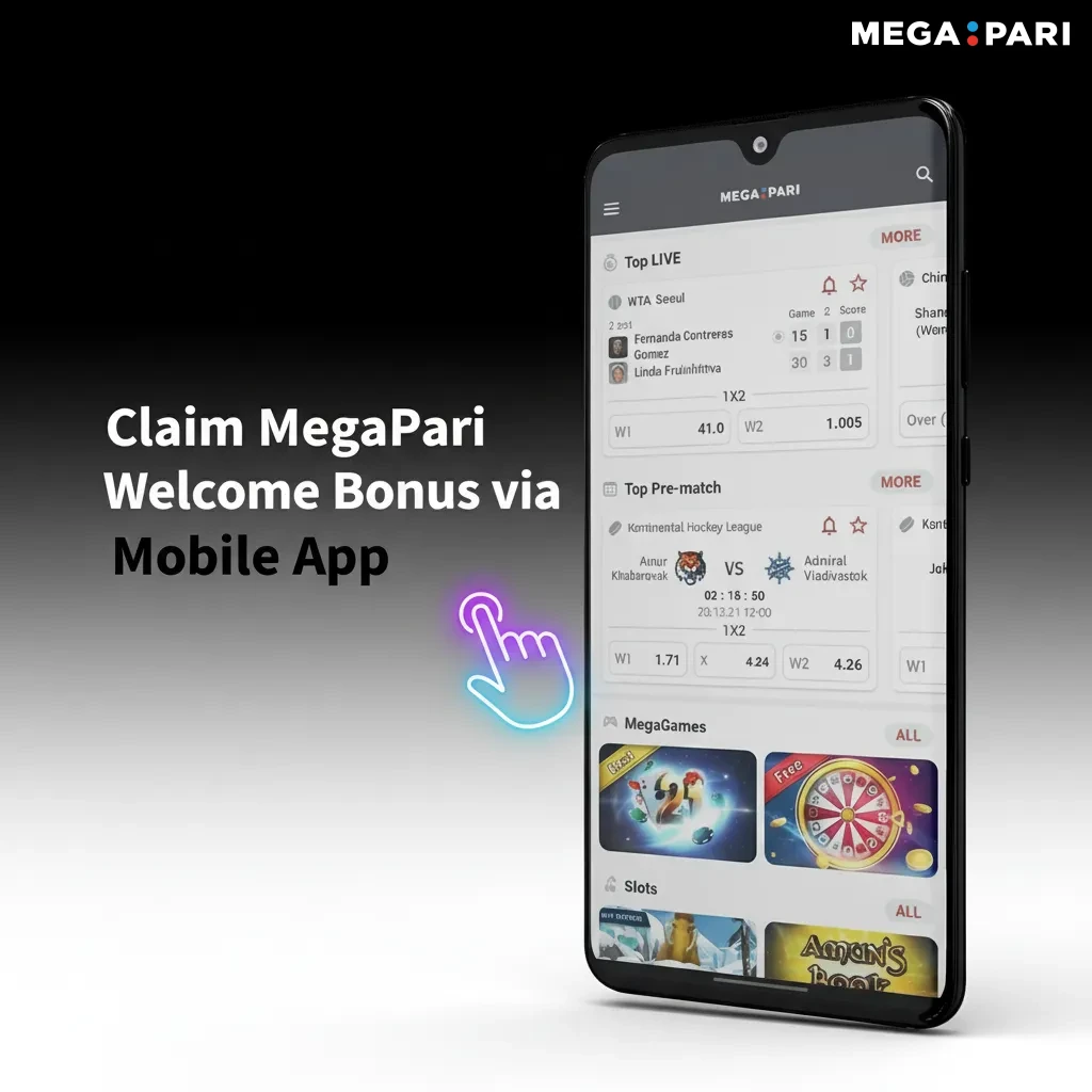 MegaPari app screens with Promotions tab and M-Pesa or card deposit to claim welcome bonus on Android and iOS.