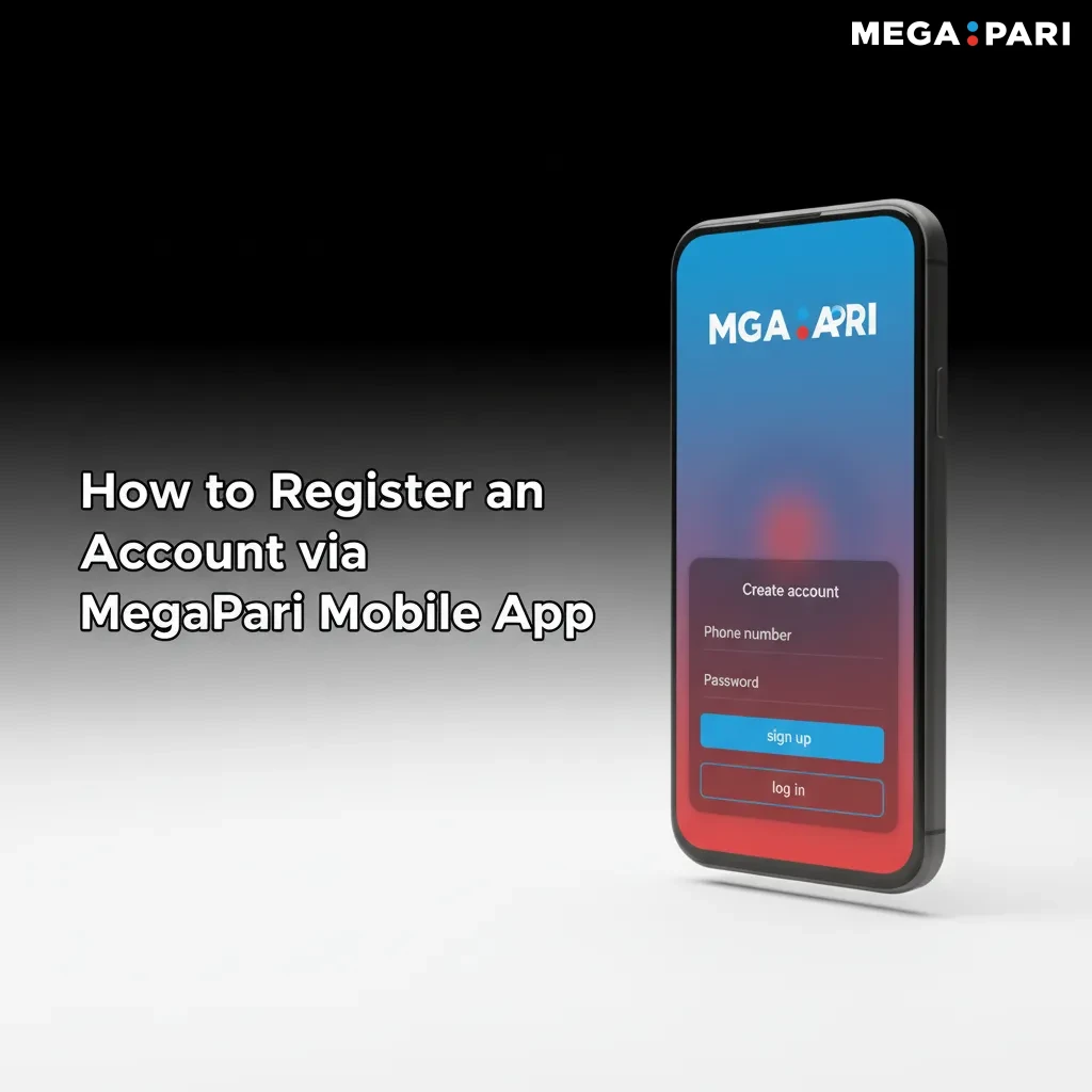 Smartphone displaying MegaPari app sign-up flow: phone/email option, KES currency, code verification, profile completion.