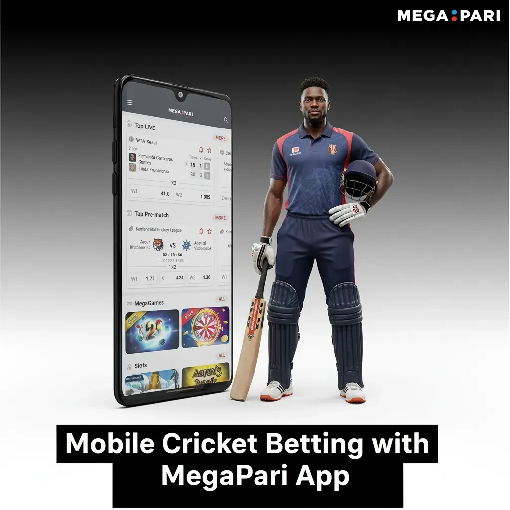 Phone displaying MegaPari cricket betting app with live odds, KES bet slip, M-Pesa deposits, and Pre-Match/Live tabs.