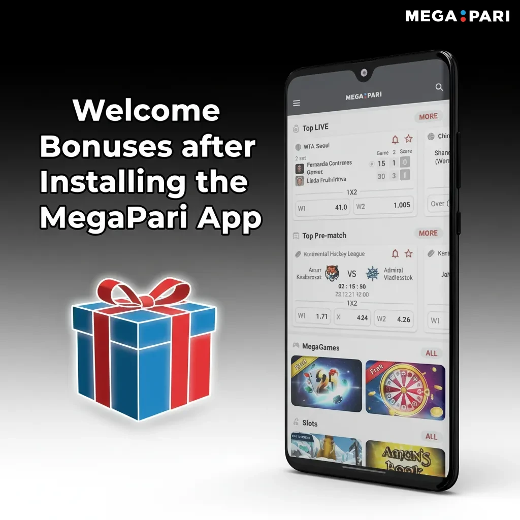 Promo banner showing MegaPari app welcome bonuses: up to 196,700 KES + 150 Free Spins for casino and sports. T&Cs apply.